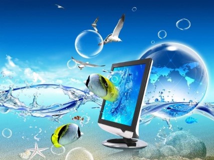 Image of fishes coming out of a monitor, with water all around and a globe behind it, and seagulls and bubbles in the sky