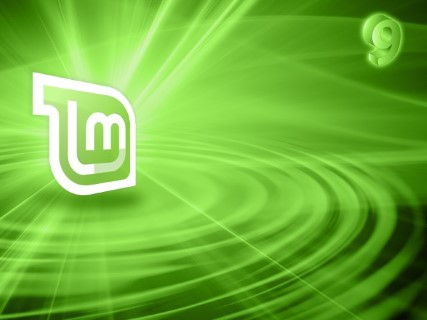 Image of a vibrant green wallpaper with a Linux Mint logo with light rays coming out of it