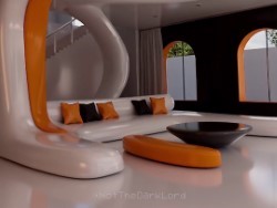 Interior with large glossy couches with orange pillows and accents on the walls