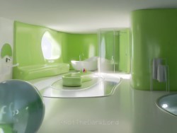 Bathing area with green walls and glossy interior